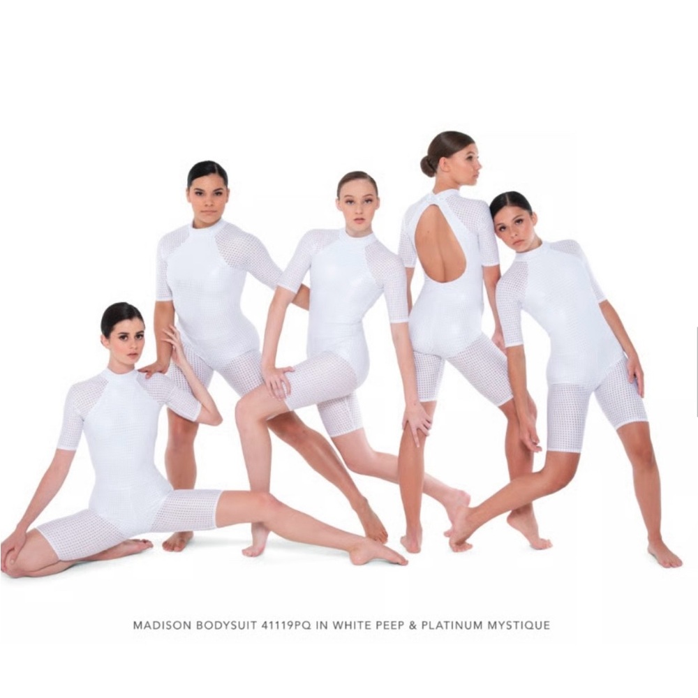 Kizzi Dancewear | Madison Bodysuit in White Peep & Platinum Mystique, Size AS